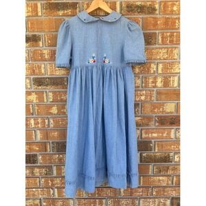 Vintage Laura Ashley Mother & Child Girls Blue Cotton  Embroidered Dress Sz 11